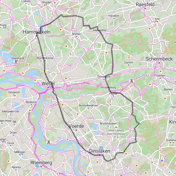 Karten-Miniaturansicht der Radinspiration "Radtour Marienthal - Hünxe - Dinslaken - Wesel" in Düsseldorf, Germany. Erstellt vom Tarmacs.app-Routenplaner für Radtouren