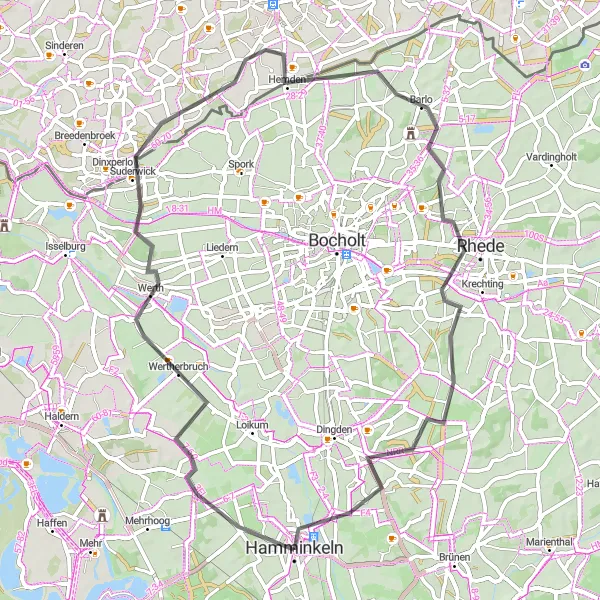 Karten-Miniaturansicht der Radinspiration "Rundtour Hamminkeln - Werth - Rhede - Ringenberg" in Düsseldorf, Germany. Erstellt vom Tarmacs.app-Routenplaner für Radtouren
