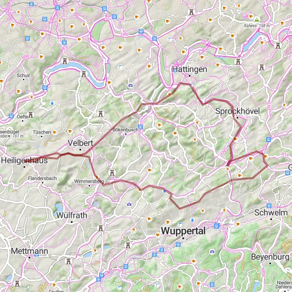 Map miniature of "Heiligenhaus Gravel Adventure" cycling inspiration in Düsseldorf, Germany. Generated by Tarmacs.app cycling route planner