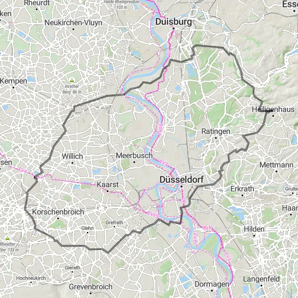 Map miniature of "Historical Landmarks and Scenic Routes" cycling inspiration in Düsseldorf, Germany. Generated by Tarmacs.app cycling route planner