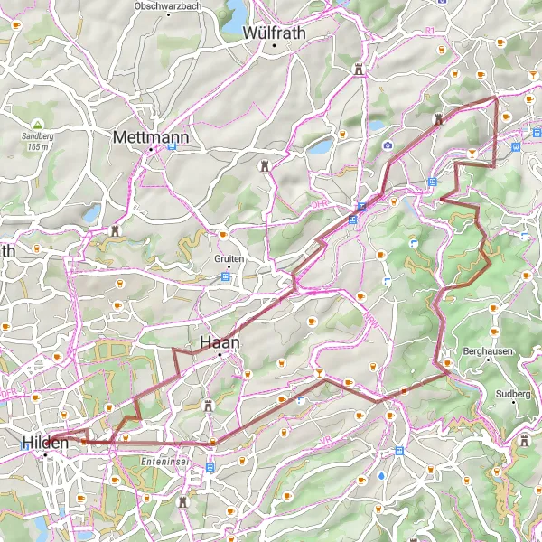 Karten-Miniaturansicht der Radinspiration "Gravelrunde über Haan und Solingen" in Düsseldorf, Germany. Erstellt vom Tarmacs.app-Routenplaner für Radtouren
