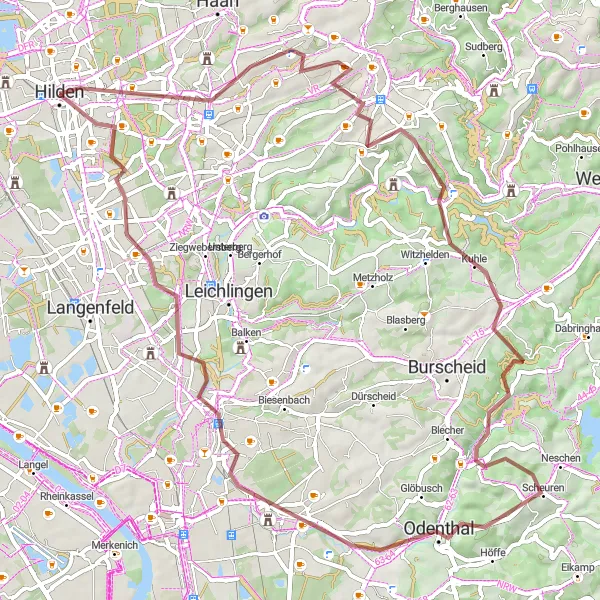 Map miniature of "Solingen Gravel Adventure" cycling inspiration in Düsseldorf, Germany. Generated by Tarmacs.app cycling route planner