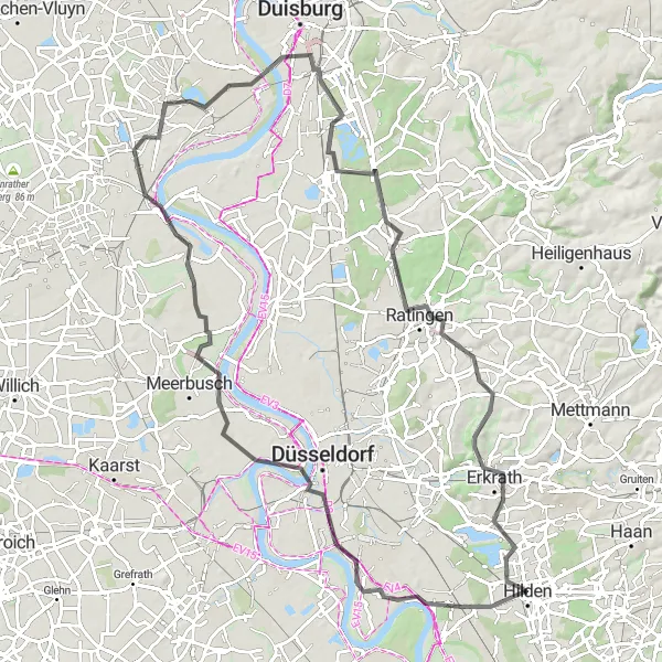 Map miniature of "Benrath Palace and Rhine Tower Adventure" cycling inspiration in Düsseldorf, Germany. Generated by Tarmacs.app cycling route planner