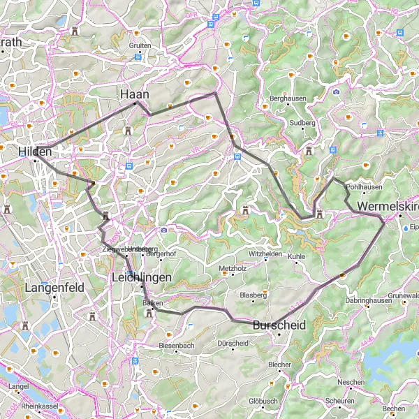 Map miniature of "The Hilden Hill Workout" cycling inspiration in Düsseldorf, Germany. Generated by Tarmacs.app cycling route planner