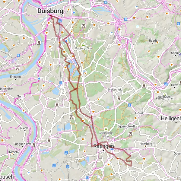 Karten-Miniaturansicht der Radinspiration "Gravel-Abenteuer Duisburg-Ratingen" in Düsseldorf, Germany. Erstellt vom Tarmacs.app-Routenplaner für Radtouren