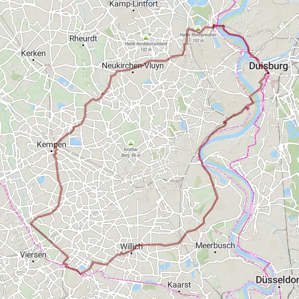 Karten-Miniaturansicht der Radinspiration "Gravel-Tour entlang des Nordkanals" in Düsseldorf, Germany. Erstellt vom Tarmacs.app-Routenplaner für Radtouren