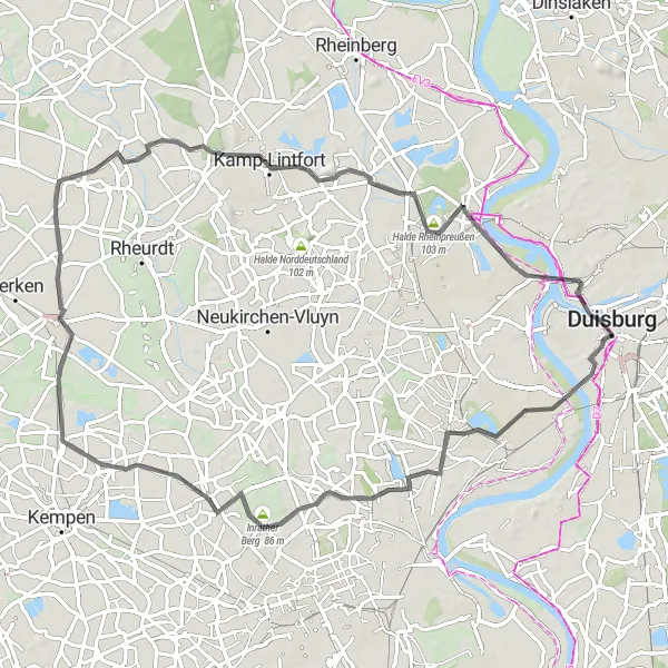 Karten-Miniaturansicht der Radinspiration "Road-Tour entlang des Niederrheins" in Düsseldorf, Germany. Erstellt vom Tarmacs.app-Routenplaner für Radtouren
