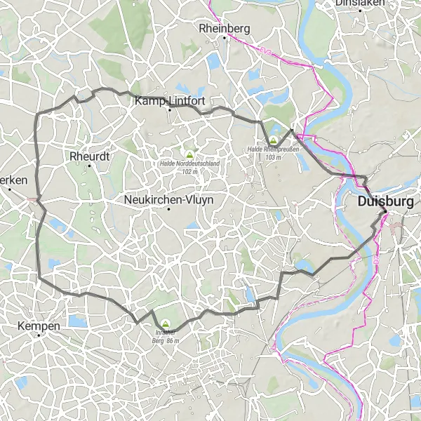 Map miniature of "Elfrath and Rheinpreußen Route" cycling inspiration in Düsseldorf, Germany. Generated by Tarmacs.app cycling route planner