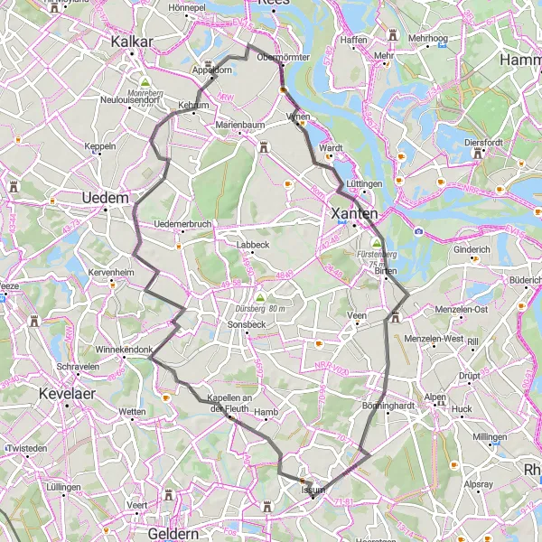 Karten-Miniaturansicht der Radinspiration "Rundtour Kappellen-Goch-Fürstenberg-Xanten" in Düsseldorf, Germany. Erstellt vom Tarmacs.app-Routenplaner für Radtouren