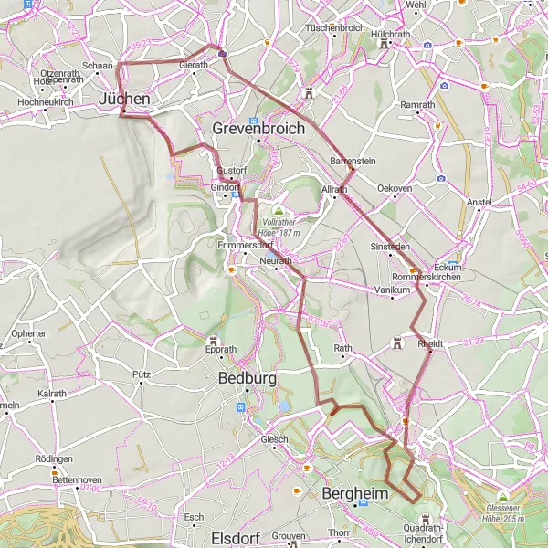 Map miniature of "Jüchen Gravel Adventure" cycling inspiration in Düsseldorf, Germany. Generated by Tarmacs.app cycling route planner