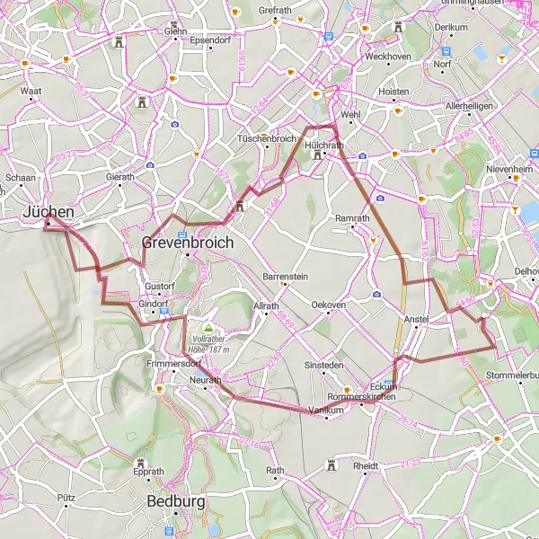 Map miniature of "Grevenbroich Gravel Loop" cycling inspiration in Düsseldorf, Germany. Generated by Tarmacs.app cycling route planner