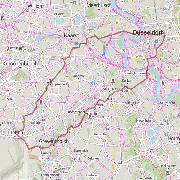 Map miniature of "Heritage and Nature Gravel Adventure" cycling inspiration in Düsseldorf, Germany. Generated by Tarmacs.app cycling route planner