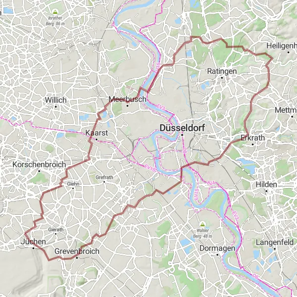 Karten-Miniaturansicht der Radinspiration "Gravel-Tour nach Meerbusch und Eller" in Düsseldorf, Germany. Erstellt vom Tarmacs.app-Routenplaner für Radtouren
