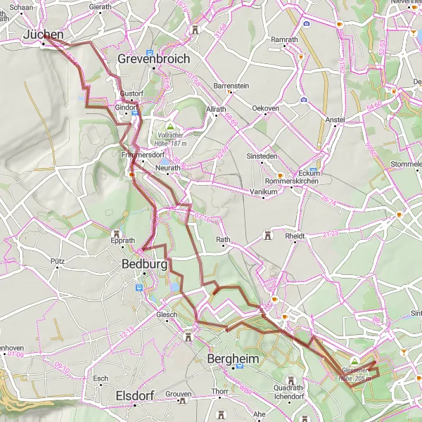 Karten-Miniaturansicht der Radinspiration "Gravel-Tour zur Glessener Höhe und Frimmersdorf" in Düsseldorf, Germany. Erstellt vom Tarmacs.app-Routenplaner für Radtouren