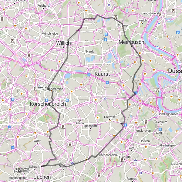 Karten-Miniaturansicht der Radinspiration "Tour durch die Landschaft in der Nähe von Jüchen" in Düsseldorf, Germany. Erstellt vom Tarmacs.app-Routenplaner für Radtouren
