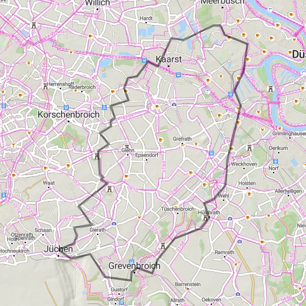 Map miniature of "Schloss Dyck Loop" cycling inspiration in Düsseldorf, Germany. Generated by Tarmacs.app cycling route planner