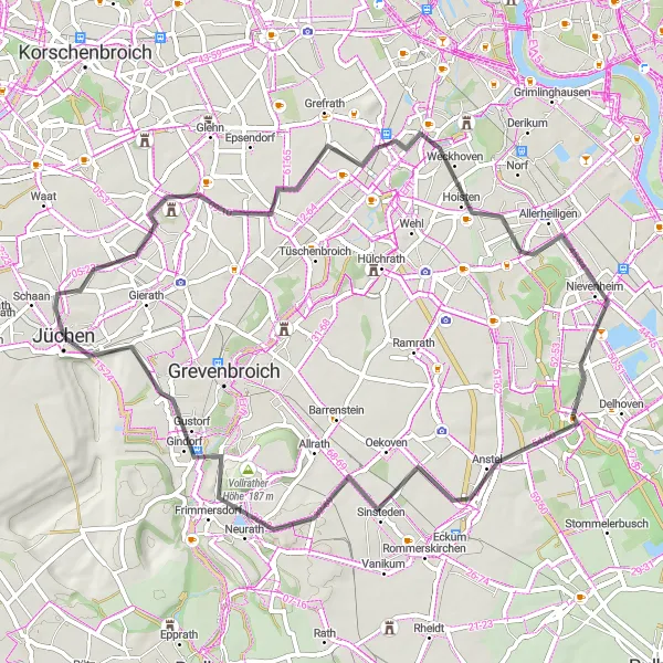 Map miniature of "Rosellen Adventure" cycling inspiration in Düsseldorf, Germany. Generated by Tarmacs.app cycling route planner