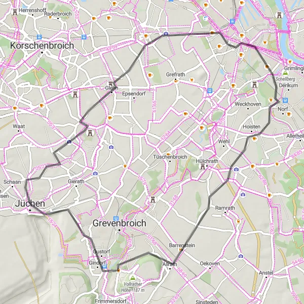 Map miniature of "Neuss and Barrenstein Road Cycling Tour" cycling inspiration in Düsseldorf, Germany. Generated by Tarmacs.app cycling route planner