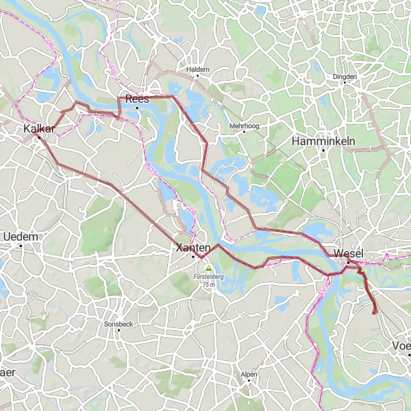 Map miniature of "Rees to Monreberg Gravel Route" cycling inspiration in Düsseldorf, Germany. Generated by Tarmacs.app cycling route planner
