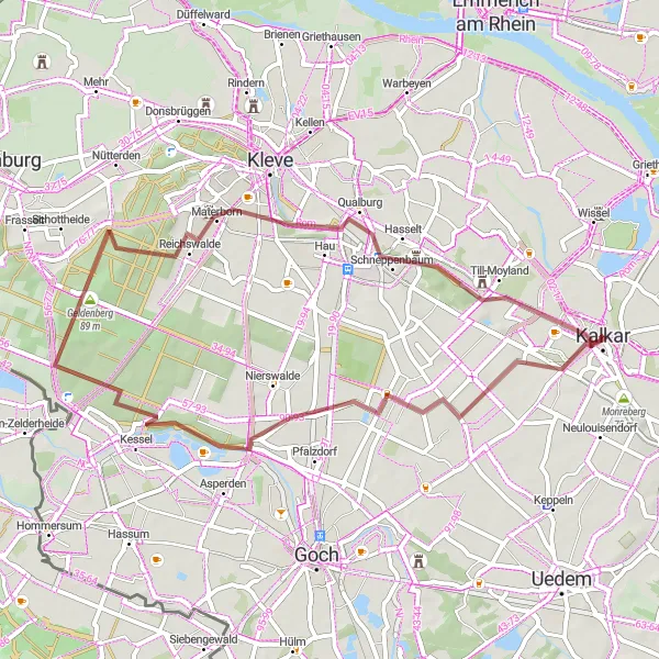 Map miniature of "Kalkar Gravel Loop" cycling inspiration in Düsseldorf, Germany. Generated by Tarmacs.app cycling route planner