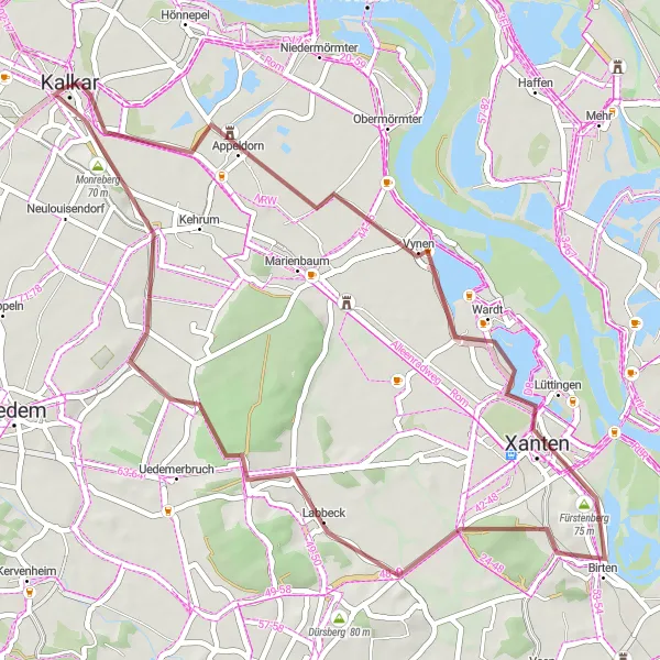 Map miniature of "Xanten Gravel Expedition" cycling inspiration in Düsseldorf, Germany. Generated by Tarmacs.app cycling route planner
