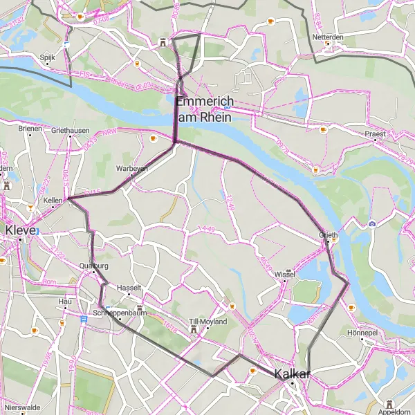 Map miniature of "Galgenberg to Kalkarer Mühle Road Route" cycling inspiration in Düsseldorf, Germany. Generated by Tarmacs.app cycling route planner