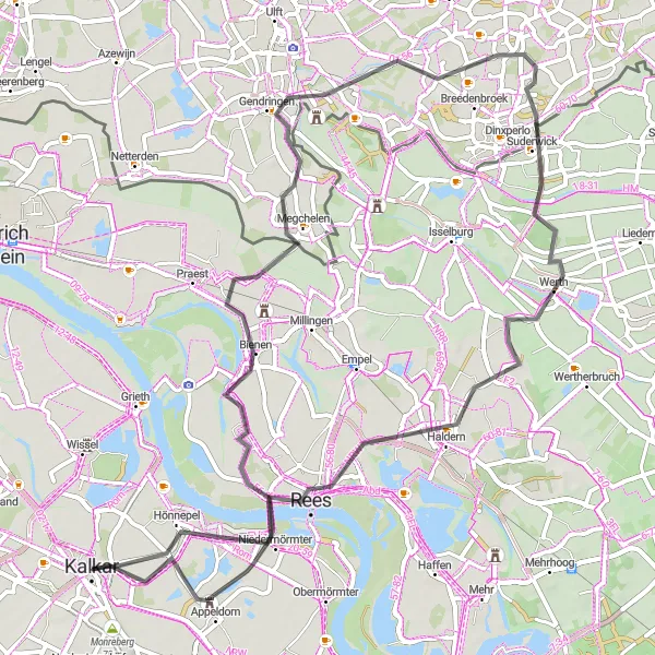 Map miniature of "Kalkar Road Adventure" cycling inspiration in Düsseldorf, Germany. Generated by Tarmacs.app cycling route planner