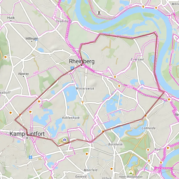 Map miniature of "Rheinberg Gravel Loop" cycling inspiration in Düsseldorf, Germany. Generated by Tarmacs.app cycling route planner