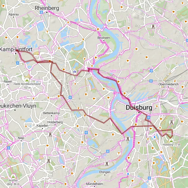 Map miniature of "Moers Gravel Ride" cycling inspiration in Düsseldorf, Germany. Generated by Tarmacs.app cycling route planner