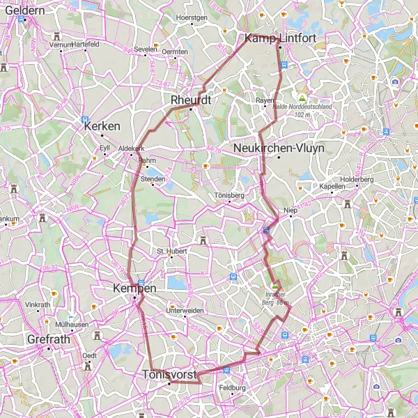 Karten-Miniaturansicht der Radinspiration "Durch die GeschichtsLandschaften am Niederrhein" in Düsseldorf, Germany. Erstellt vom Tarmacs.app-Routenplaner für Radtouren