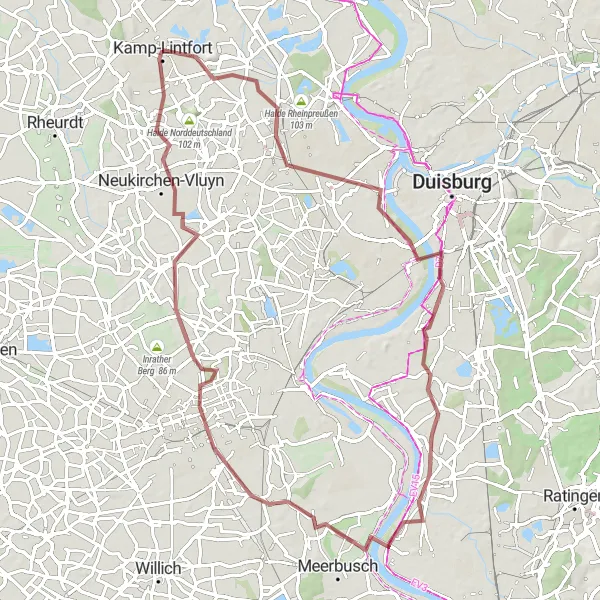 Karten-Miniaturansicht der Radinspiration "Gravel-Abenteuer rund um Moers" in Düsseldorf, Germany. Erstellt vom Tarmacs.app-Routenplaner für Radtouren