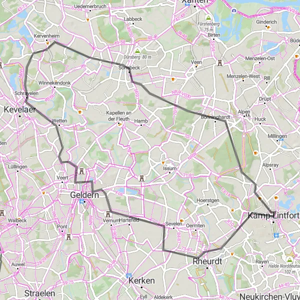 Map miniature of "Geldern Adventure" cycling inspiration in Düsseldorf, Germany. Generated by Tarmacs.app cycling route planner