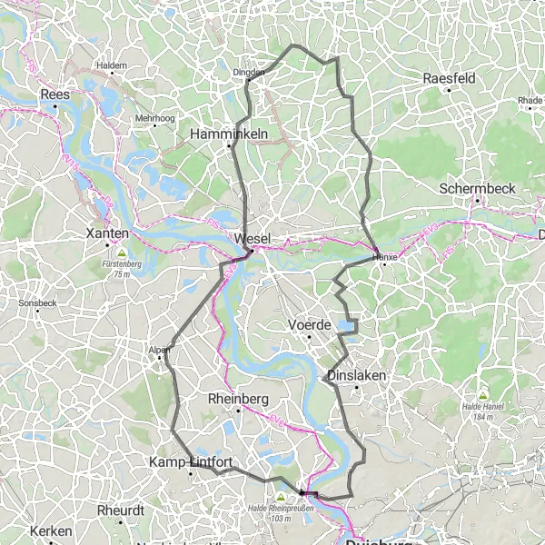Map miniature of "Wesel Road Adventure" cycling inspiration in Düsseldorf, Germany. Generated by Tarmacs.app cycling route planner