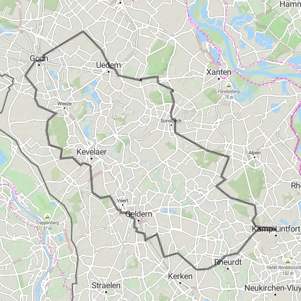 Map miniature of "Geldern Road Circuit" cycling inspiration in Düsseldorf, Germany. Generated by Tarmacs.app cycling route planner