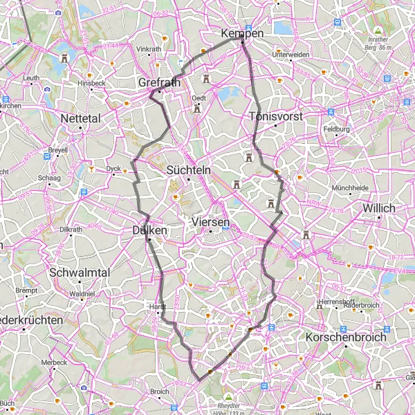 Karten-Miniaturansicht der Radinspiration "57 km Rundtour mit Rennrad in der Nähe von Kempen" in Düsseldorf, Germany. Erstellt vom Tarmacs.app-Routenplaner für Radtouren