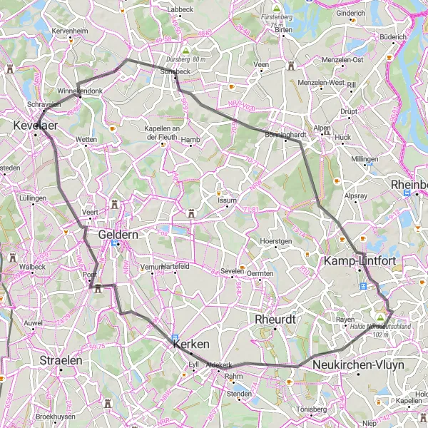 Karten-Miniaturansicht der Radinspiration "Wege durch Sonsbeck und Veert" in Düsseldorf, Germany. Erstellt vom Tarmacs.app-Routenplaner für Radtouren