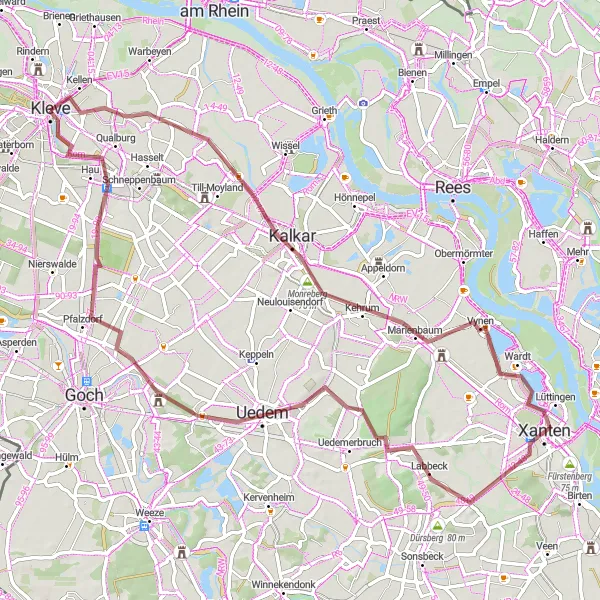 Karten-Miniaturansicht der Radinspiration "Gravel-Abenteuer durch das Niederrheinland" in Düsseldorf, Germany. Erstellt vom Tarmacs.app-Routenplaner für Radtouren