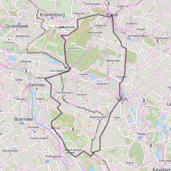 Map miniature of "The Kleve Explorer" cycling inspiration in Düsseldorf, Germany. Generated by Tarmacs.app cycling route planner