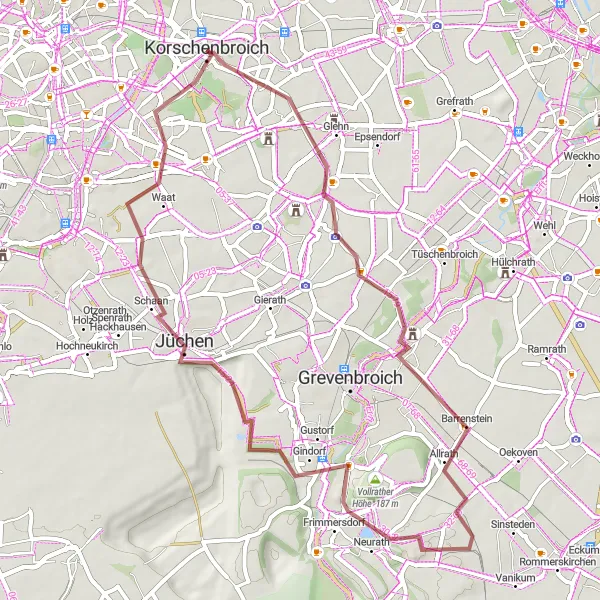 Karten-Miniaturansicht der Radinspiration "Gravel-Tour durch Jüchen und Giesenkirchen" in Düsseldorf, Germany. Erstellt vom Tarmacs.app-Routenplaner für Radtouren