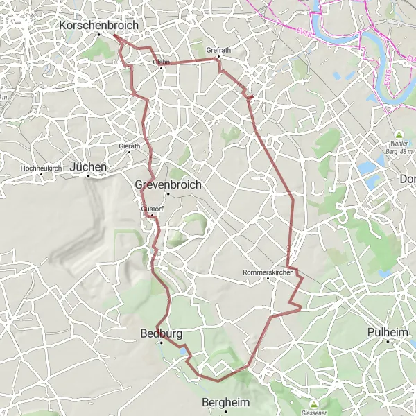 Map miniature of "Hülchrath and Schloss Dyck: A Gravel Cycling Tour" cycling inspiration in Düsseldorf, Germany. Generated by Tarmacs.app cycling route planner