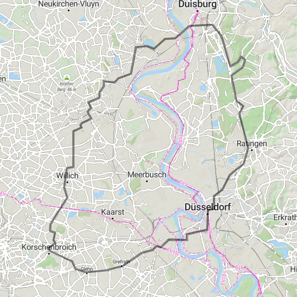Map miniature of "Scenic Road Cycling route with Neuss and Ratingen Highlights" cycling inspiration in Düsseldorf, Germany. Generated by Tarmacs.app cycling route planner