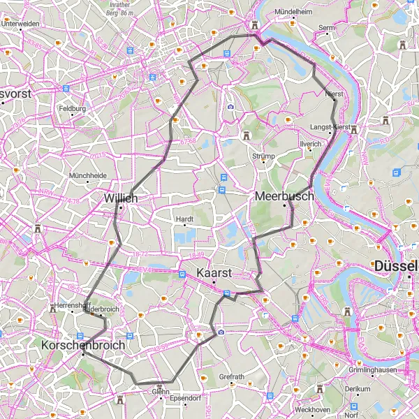 Map miniature of "Willich and Historic Landmarks" cycling inspiration in Düsseldorf, Germany. Generated by Tarmacs.app cycling route planner