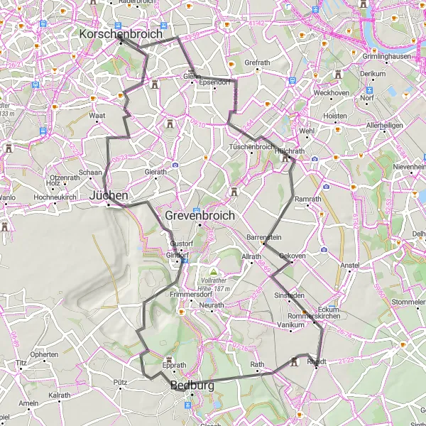 Map miniature of "Pesch and Historic Castles" cycling inspiration in Düsseldorf, Germany. Generated by Tarmacs.app cycling route planner