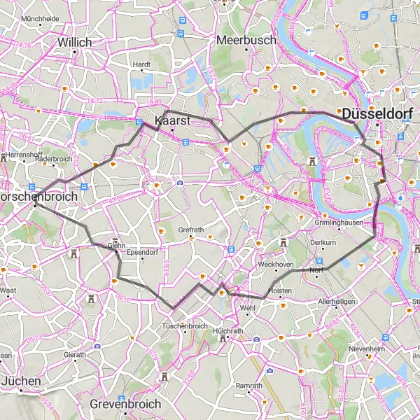 Map miniature of "Kaarst to Glehn Scenic Road Ride" cycling inspiration in Düsseldorf, Germany. Generated by Tarmacs.app cycling route planner