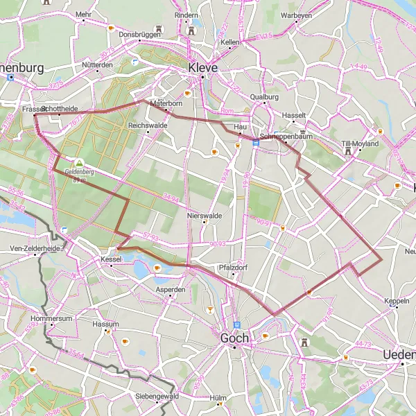 Map miniature of "Gravel Excursion to Geldenberg" cycling inspiration in Düsseldorf, Germany. Generated by Tarmacs.app cycling route planner
