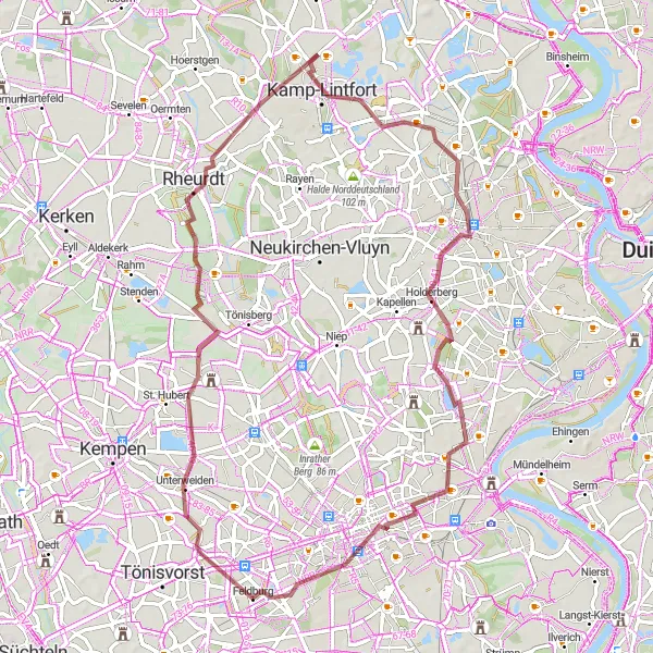 Karten-Miniaturansicht der Radinspiration "Gravel-Rundfahrt von Krefeld nach Moers" in Düsseldorf, Germany. Erstellt vom Tarmacs.app-Routenplaner für Radtouren