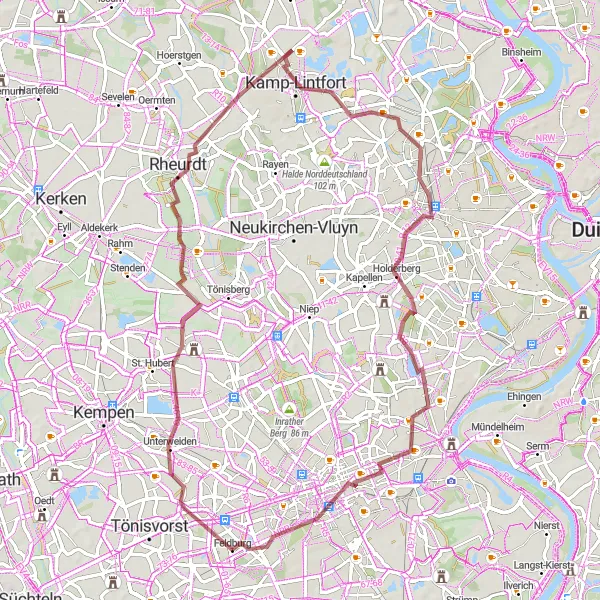 Map miniature of "The Forest and Mill Adventure" cycling inspiration in Düsseldorf, Germany. Generated by Tarmacs.app cycling route planner