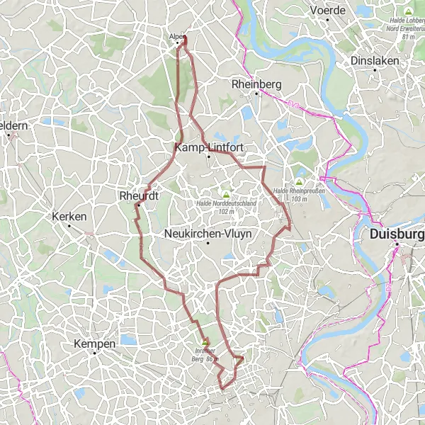 Map miniature of "Krefeld Gravel Adventure" cycling inspiration in Düsseldorf, Germany. Generated by Tarmacs.app cycling route planner