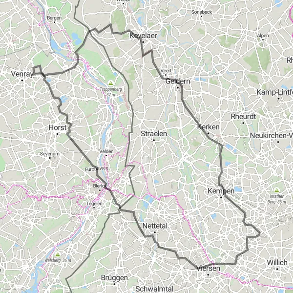 Map miniature of "The Road to Venlo" cycling inspiration in Düsseldorf, Germany. Generated by Tarmacs.app cycling route planner