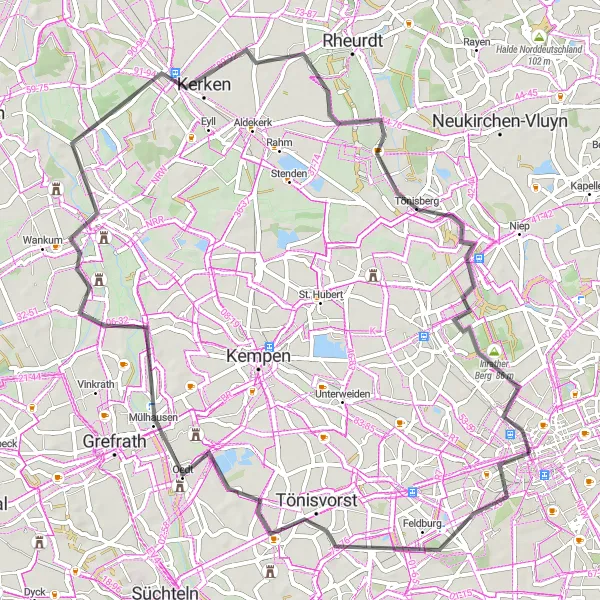 Map miniature of "A Tour Through Historic Gems" cycling inspiration in Düsseldorf, Germany. Generated by Tarmacs.app cycling route planner